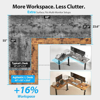 Agilestic L Shaped Standing Desk 63 x 55 inch Adjustable Height, Electric Corner Standing Desk, Sit Stand Computer Table with Splice Board, Vintage Brown
