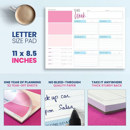 Weekly Planner Pad - Undated Planner - To Do List Notepad - Habit Tracker - 11 x 8.5" - 52 Tear-Off Sheets - Daily Planner Undated for Home Work Office Business - Goal Planner - Cute Planner (Pink)