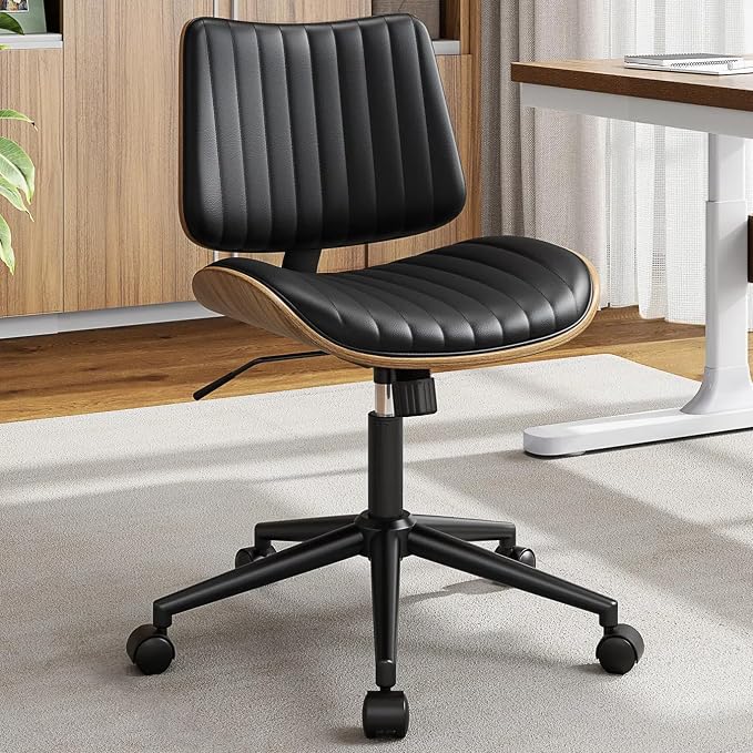YaFiti Armless Office Chair, Mid Century Modern Desk Chair with Walnut Wood Back & SGS Level 3 Gas Lift, Swivel PU Leather Computer Chair for Small Space, Home Office, Bedroom, 300lbs Cap, Black