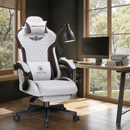 GTPLAYER Gaming Chair with Footrest, Big and Tall Game Chair High Back Computer Office Chair with Lumbar Support for Adults, Ergonomic Swivel Games Chair with Cushion Gaming, Fabric Brown