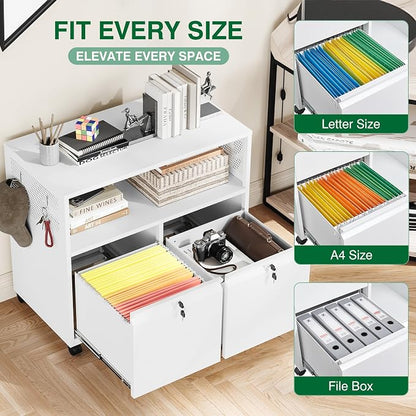 Metal File Cabinet,2 Drawer Lateral Filing Cabinet with Lock,Rolling Printer Stand Storage Cabinets with Shelves for Home Office Letter/Legal/A4 Size Files(White)