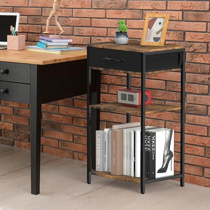Printer Stand with Fabric Drawer, 3-Tier Industrial Sturdy Under Desk Printer Cart with Open Storage, Narrow Printer Table for Home Office, Fits Printer Scanner Fax Machine, Rustic Brown