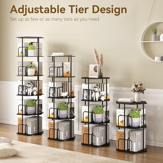 SUNMORY 5 Tier Rotating Bookshelf Tower, Revolving 360 ° Spinning Bookcase, Hexagonal Corner Book Shelf Storage Carousel, Vertical Rotate Turning Organizer Book Shelves for Living Room Office Bedroom