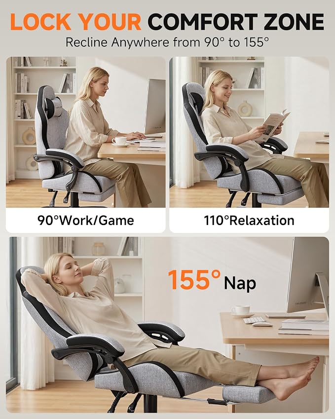 GTPLAYER Gaming Chair with Footrest, Computer Gaming Chair for Adults, Height Adjustable Gamer Chair with 90-155° Recline & Removable Headrest Lumbar Support,Linen Fabric Gray-Black