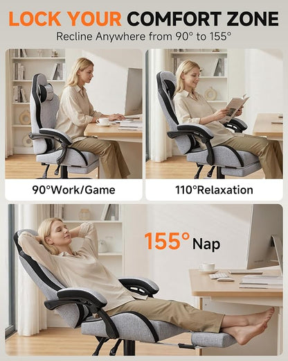 GTPLAYER Gaming Chair with Footrest, Computer Gaming Chair for Adults, Height Adjustable Gamer Chair with 90-155° Recline & Removable Headrest Lumbar Support,Linen Fabric Gray-Black