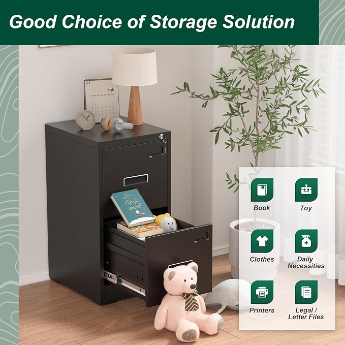 Superday 2 Drawer File Cabinets, 18” D Vertical File Cabinet with Lock, Locking Filing Cabinet for Home Office, Black Metal Filing Cabinets for Hanging Letter/Legal Folders, Easy Assemble