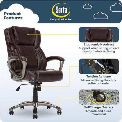 Serta Garret Executive Office Chair, Ergonomic Mid-Back with Lumbar Support, Semi-Plush Cushion and Body Pillows, Padded Armrests, Swivel Base, Bonded Leather, Brown