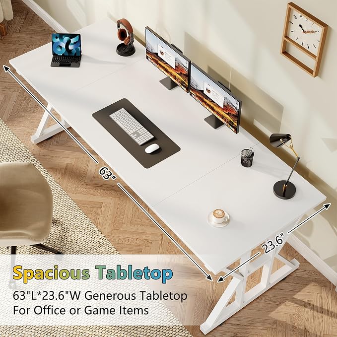 TVU Computer Desk, 63 inch Large Office Desk, Study Writing Table with Thicken Frame, Gaming Desk, Modern Simple Desk for Home Office, White