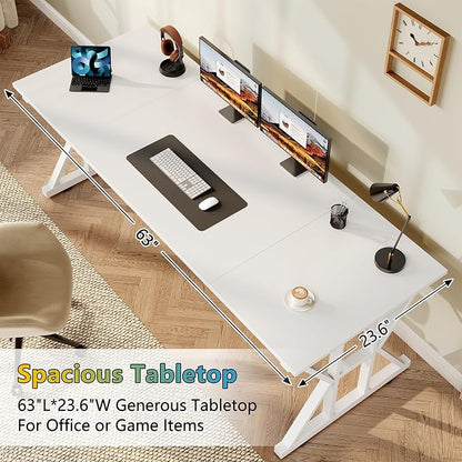 TVU Computer Desk, 63 inch Large Office Desk, Study Writing Table with Thicken Frame, Gaming Desk, Modern Simple Desk for Home Office, White