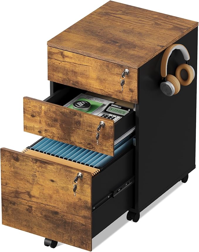 DEVAISE 3 Drawer Mobile File Cabinet with Individual Locks, Wood Filing Cabinet for Office, Under Desk Printer Stand with Wheels, Fits Letter/A4/Legal Size, Rustic Brown