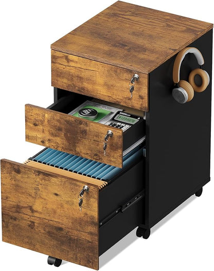 DEVAISE 3 Drawer Mobile File Cabinet with Individual Locks, Wood Filing Cabinet for Office, Under Desk Printer Stand with Wheels, Fits Letter/A4/Legal Size, Rustic Brown