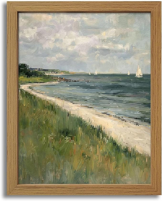 CXQILVER Framed Vintage Coastal Wall Art, Rustic Beach Seascape Sailboats Canvas Wall Decor Ocean Landscape Painting Picture for Coastal Cottage Living Room Bedroom Bathroom Decor 16x24 Inch