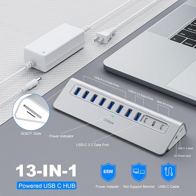 Powered USB Hub 10Gbps, intpw YH9AC Plus 13 Port USB 3.2 Hub(USB A/USB C 3.2+6 USB-A 3.0+2 PD 45W Fast Charging Ports+SD/TF Card Reader), 65W Power Adapter,Aluminum USB HUB for PC,Laptop,iPhone 17/16