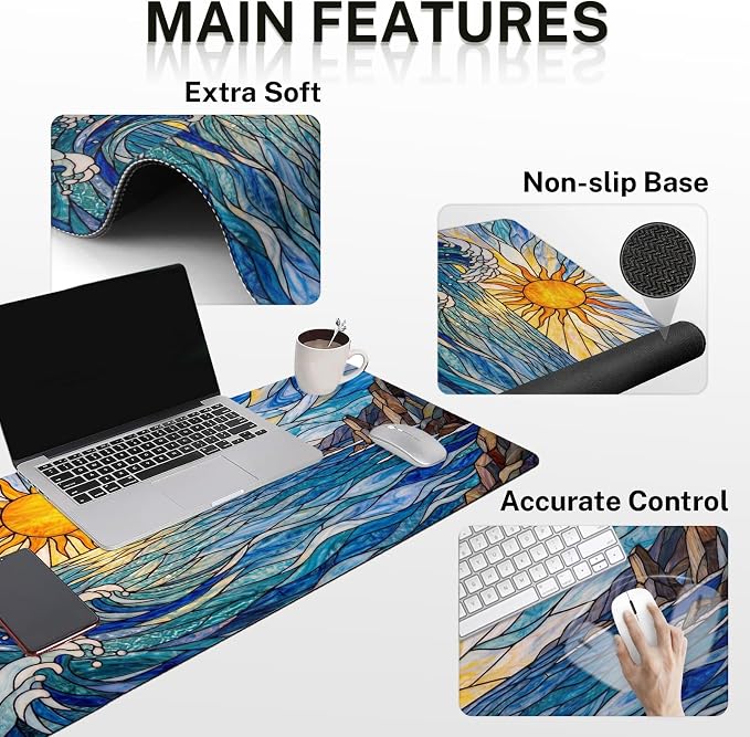 Britimes Blue Ocean Coastal Keyboard Mouse Pad Set Sunrise Abstract 4in1 Large Mousepad+Keyboard Wrist Rest+Mouse Wrist Rest+Coaster Ergonomic Design for Home Office Computer 35.4x15.7 inches