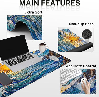 Britimes Blue Ocean Coastal Keyboard Mouse Pad Set Sunrise Abstract 4in1 Large Mousepad+Keyboard Wrist Rest+Mouse Wrist Rest+Coaster Ergonomic Design for Home Office Computer 35.4x15.7 inches