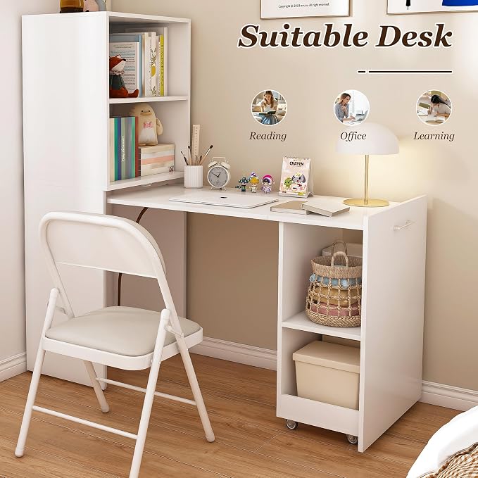 Runboll Expandable and Foldable L Shaped Desk, Mobile Computer Desk with Storage Shelves & Lockable Wheels, Compact Rolling Workstation for Small Space Home Office, White
