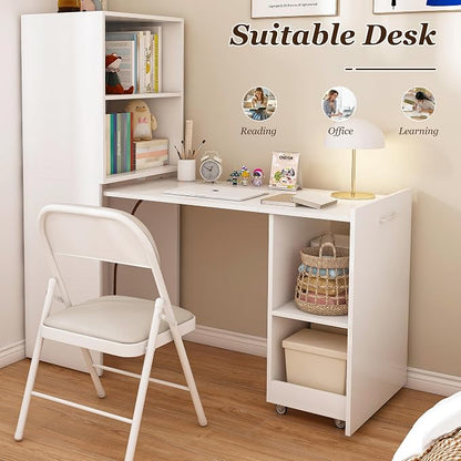 Runboll Expandable and Foldable L Shaped Desk, Mobile Computer Desk with Storage Shelves & Lockable Wheels, Compact Rolling Workstation for Small Space Home Office, White