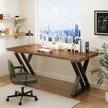 Solid Wood Desk 63 Inches, Live Edge Wooden Home Office Computer Desk Metal Frame Modern Simple Design Executive Real Wood Desk for Writing Study Dining Gaming
