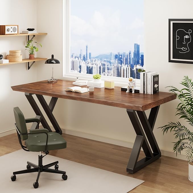 Solid Wood Desk 71 Inches, Live Edge Wooden Home Office Computer Desk Metal Frame Modern Simple Design Executive Real Wood Desk for Writing Study Dining Gaming
