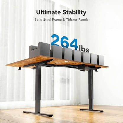 HUANUO Dual Motor 63x40 inch L Shaped Electric Standing Desk with 3 Preset Heights, Electric Height Adjustable Computer Table, 2 Hooks & Cable Tray, Raising Desk for Home Office, Vintage Brown