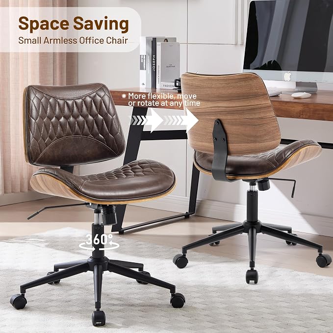 Walnut Bentwood Mid Back Armless Office Chair 1 Pack, Adjustable Height PU Leather Swivel Desk Chair with Wheels, Rolling Computer Task Chair for Home Office, Study, Meeting Room