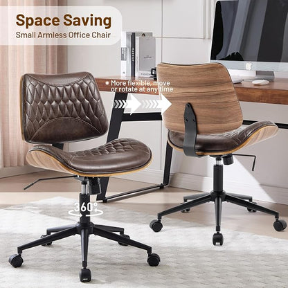 Walnut Bentwood Mid Back Armless Office Chair 1 Pack, Adjustable Height PU Leather Swivel Desk Chair with Wheels, Rolling Computer Task Chair for Home Office, Study, Meeting Room