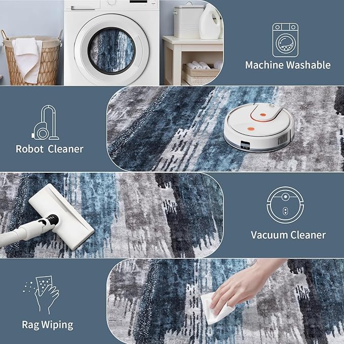Ciicool Modern Abstract Deep Blue Gray Rug for Living Room, 9'x12' Machine Washable Area Rug Non-Slip Rug, Low-Pile Contemporary Indoor Dining Floor Carpet for Bedroom Office Under Table Home Decor