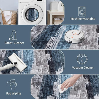 Ciicool 8ft Round Washable Rug, Modern Abstract Circle Rugs, Non-Slip Thin Lightweight Rug Navy Grey Circular Print Distressed Carpet for Bedroom Living Room Under Dining Table Home Office Decor