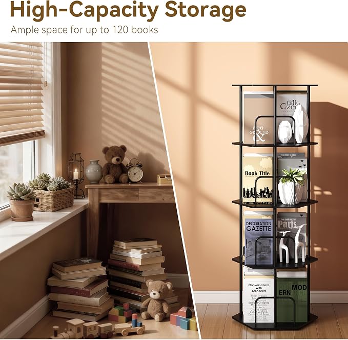 SUNMORY 4 Tier Rotating Bookshelf Tower, Revolving 360 ° Spinning Bookcase, Hexagonal Corner Book Shelf Storage Carousel, Vertical Rotate Turning Organizer Book Shelves for Living Room Office Bedroom