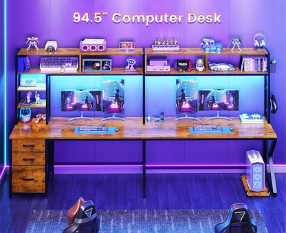 SEDETA L Shaped Desk with Hutch and 3 Drawers, Convertible 94.5" Computer Desk with File Drawer, L Shaped Office Desk with Power Outlet, LED Lights, Storage and Pegboard for Home Office, Brown