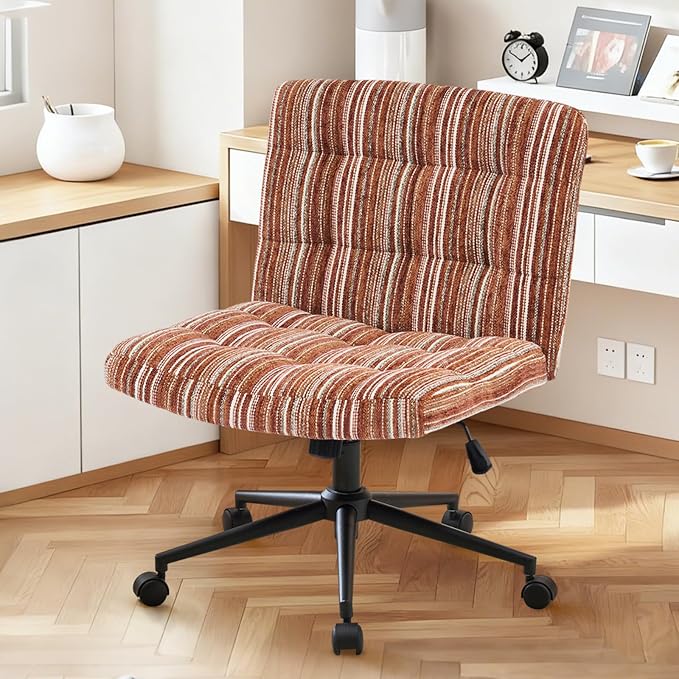 Furnimart 360° Swivel Criss Cross Desk Chair Extra-Thick Cushion, Premium Chenille Cross Legged Chair with Wide Seat & Wheels, Comfy Armless Home Office Chair for Bedroom, Vanity, Sturdy (Dark Brown)