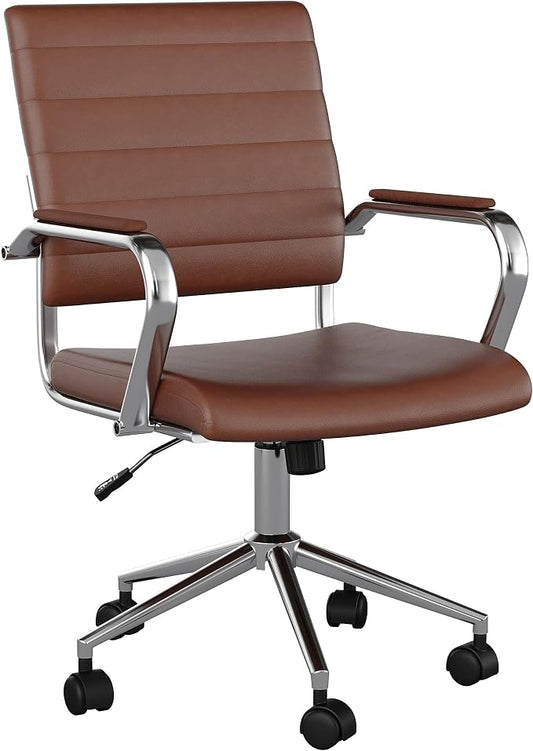 Martha Stewart Piper Swivel Task Chair with Armrests for Home Office in Saddle Brown Faux Leather with Polished Nickel Frame