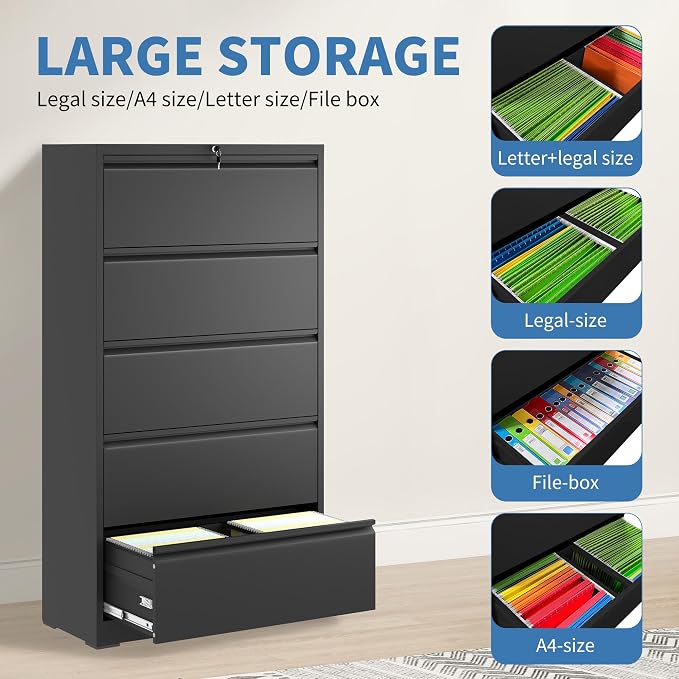 File Cabinets 5 Drawer,Metal Office Storage Filing Cabinet with Lock,White Lateral Filing Cabinet for Home Office,Horizontal Locking File Cabinet for Legal/Letter/A4,Assembly Require,Black
