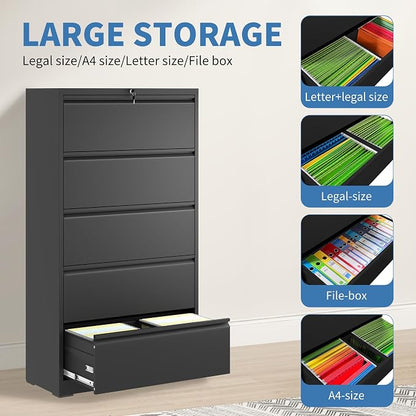 File Cabinets 5 Drawer,Metal Office Storage Filing Cabinet with Lock,White Lateral Filing Cabinet for Home Office,Horizontal Locking File Cabinet for Legal/Letter/A4,Assembly Require,Black
