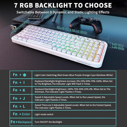FOPETT Wireless Computer Keyboard with RGB Backlit, Tri-Mode Bluetooth 5.0/USB-C/2.4GHz Gaming Keyboard, Full Size Layout, Ergonomic Curved Design for Windows Mac PC Gamers & Office-White