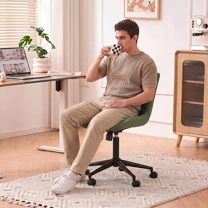 YOUNIKE Olive Green Office Desk Chair with Wheels Armless Compact Comfy Vanity Chair with Adjustable Back Modern Small Faux Leather Upholstered Swivel Cute Rolling Computer Task Chair No Arms