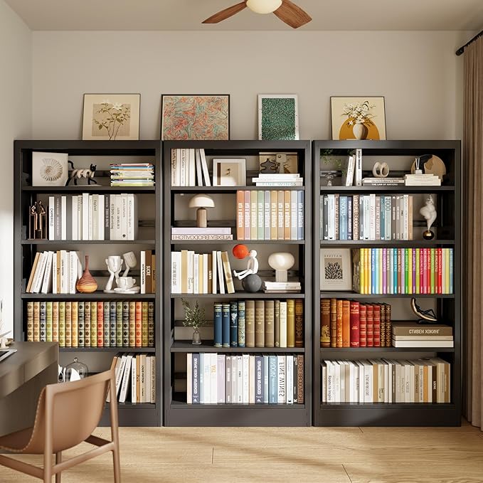 71" Metal Bookshelf, 5 Tier Library Bookcase with Adjustable Shelves, Heavy Duty Bookshelves and Bookcases, Modern Book Shelf Tall Book Case for Living Room, Office (Black, 37.4" Wide)