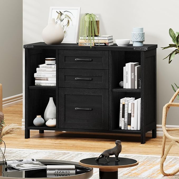 Halitaa 3 Drawer File Cabinet, Farmhouse Lateral Filing Cabinet Fits Files Letter or A4 Size, Wooden Printer Stand with Open Storage Adjustable Shelf for Home Office, Black