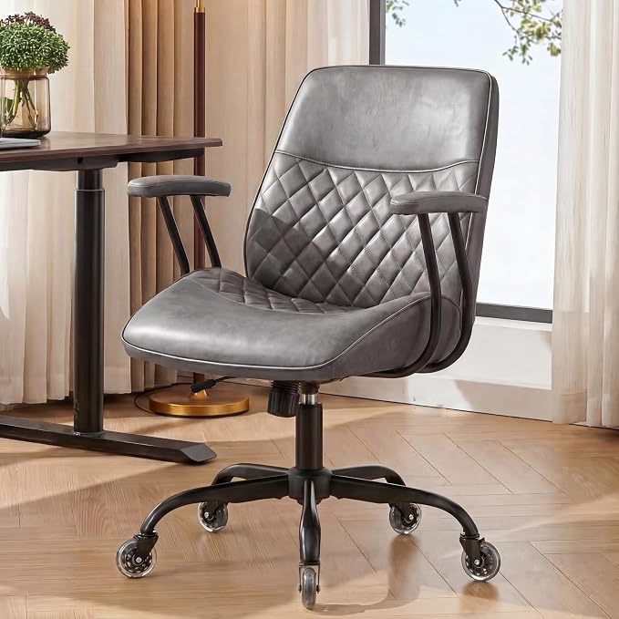 NEO CHAIR Ergonomic Leather Office Desk Chair with Adjustable Armrests Mid Back Lumbar Support Swivel Executive Computer Chair with Wheels Comfy Home Office Chair for Adults (Grey)