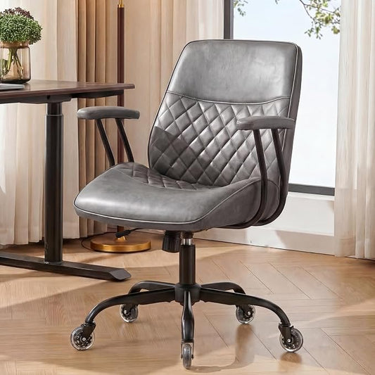 NEO CHAIR Ergonomic Leather Office Desk Chair with Adjustable Armrests Mid Back Lumbar Support Swivel Executive Computer Chair with Wheels Comfy Home Office Chair for Adults (Grey)