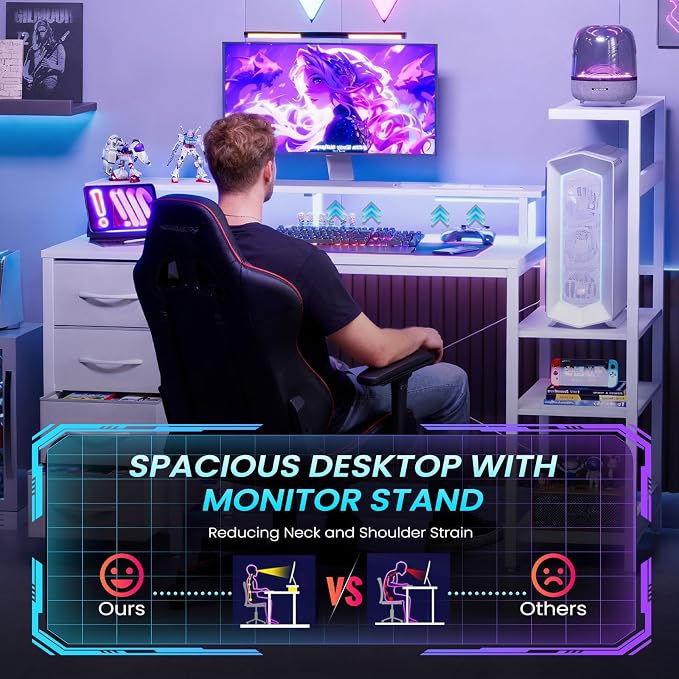 51 Inch Gaming Desk with Power Outlet and LED Lights, Computer Desk with 4 Drawers & Storage Shelves, Reversible Home Office Desk with Monitor Stand for Small Space Bedroom, Carbon Fiber White