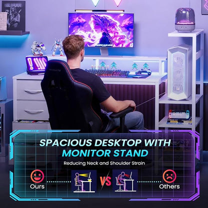 51 Inch Gaming Desk with Power Outlet and LED Lights, Computer Desk with 4 Drawers & Storage Shelves, Reversible Home Office Desk with Monitor Stand for Small Space Bedroom, Carbon Fiber White