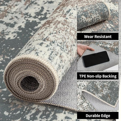 Ciicool 2'6 "x8' Washable Runner Rug, Modern Abstract Hallway Rugs Runner, Non-Slip Thin Accent Rug Lightweight Brown Gray Distressed Carpet Runners for Laundry Entryway Bedroom Kitchen Indoor
