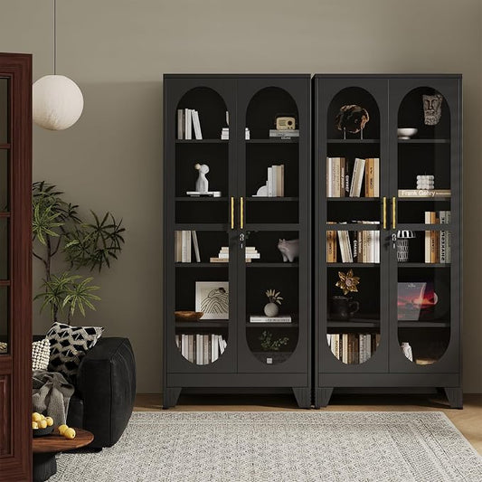 PAOFIN 71" H Locking Display Cabinet with Glass Door, Metal Curio Cabinets with 4 Adjustable Shelves, Tall Liquor Cabinet Display Case for Living Room, Collectibles, Home - Assembly Required Black