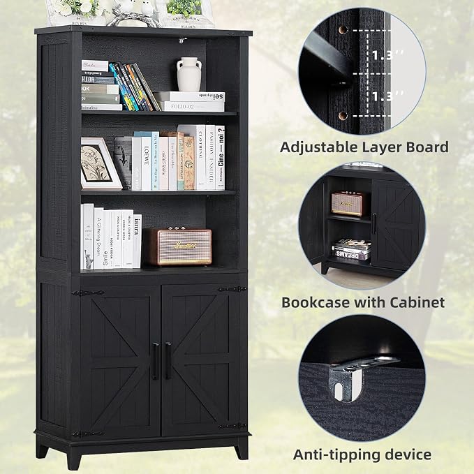 Joaxswe 70in Tall Bookshelf 5 Tier Bookcase with Barn Doors and Adjustable Shelves, Black Farmhouse Book Shelf with Storage Cabinet, Wood Freestanding Display Bookshelves for Bedroom, Kitchen (2PCS)