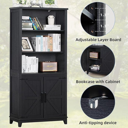 Joaxswe 70in Tall Bookshelf 5 Tier Bookcase with Barn Doors and Adjustable Shelves, Black Farmhouse Book Shelf with Storage Cabinet, Wood Freestanding Display Bookshelves for Bedroom, Kitchen (2PCS)