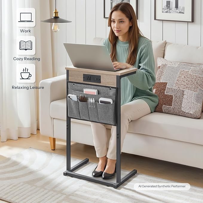 HOOBRO C Shaped End Table with Charging Station, 28" H Couch Side Table Slide Under, Sofa Arm Tray Table with Storage Bag for Living Room, Recliner, Greige BG70USF01