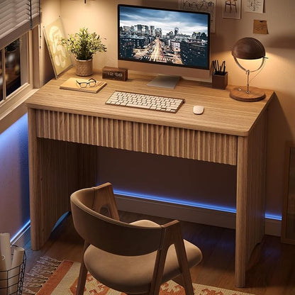 Bestier 40 Inch Fluted Wood Computer Desk with Drawers, Modern Home Office Desk, Compact Writing Desk, Laptop PC Desk for Bedroom, Studio, Study Room, Small Space & Dorm