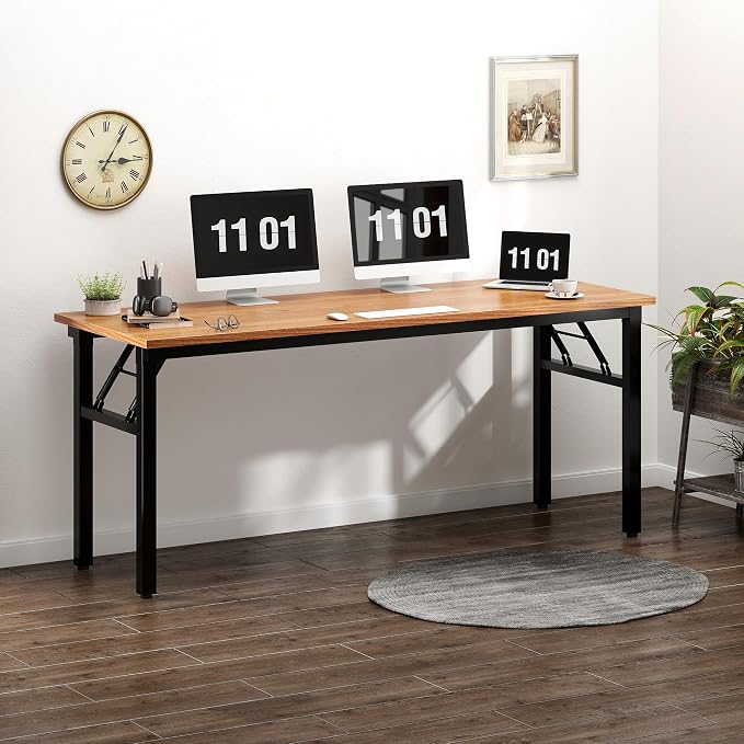 Need Folding Computer Desk, Large 62 inches Folding Table for Home Office, No Install Needed Foldable Writing Table Long Desk, Space-Saving, Teak and Black