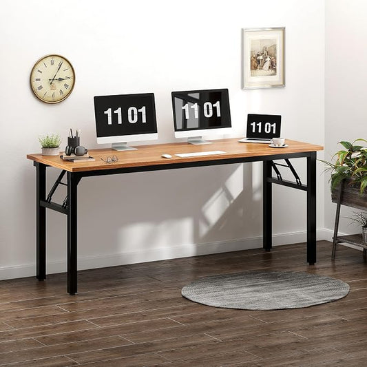 Need Folding Computer Desk, Large 62 inches Folding Table for Home Office, No Install Needed Foldable Writing Table Long Desk, Space-Saving, Teak and Black